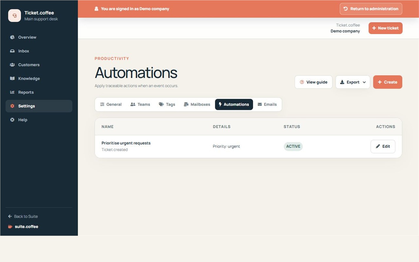 Ticket automation list with trigger, priority condition, resulting action and status.