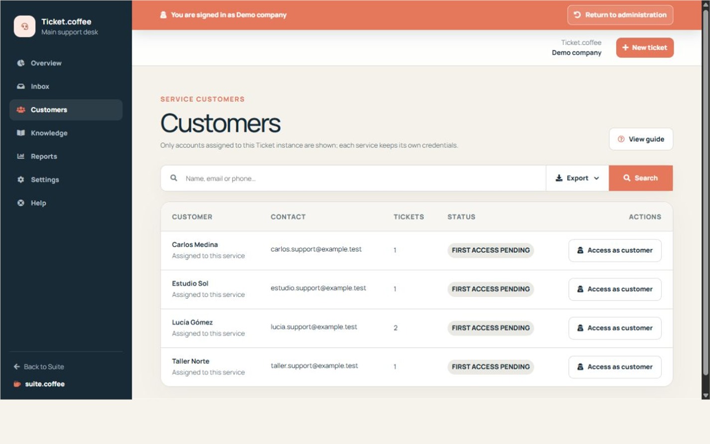 Liste des clients Ticket avec coordonnées, nombre de tickets et action d’accès en tant que client.