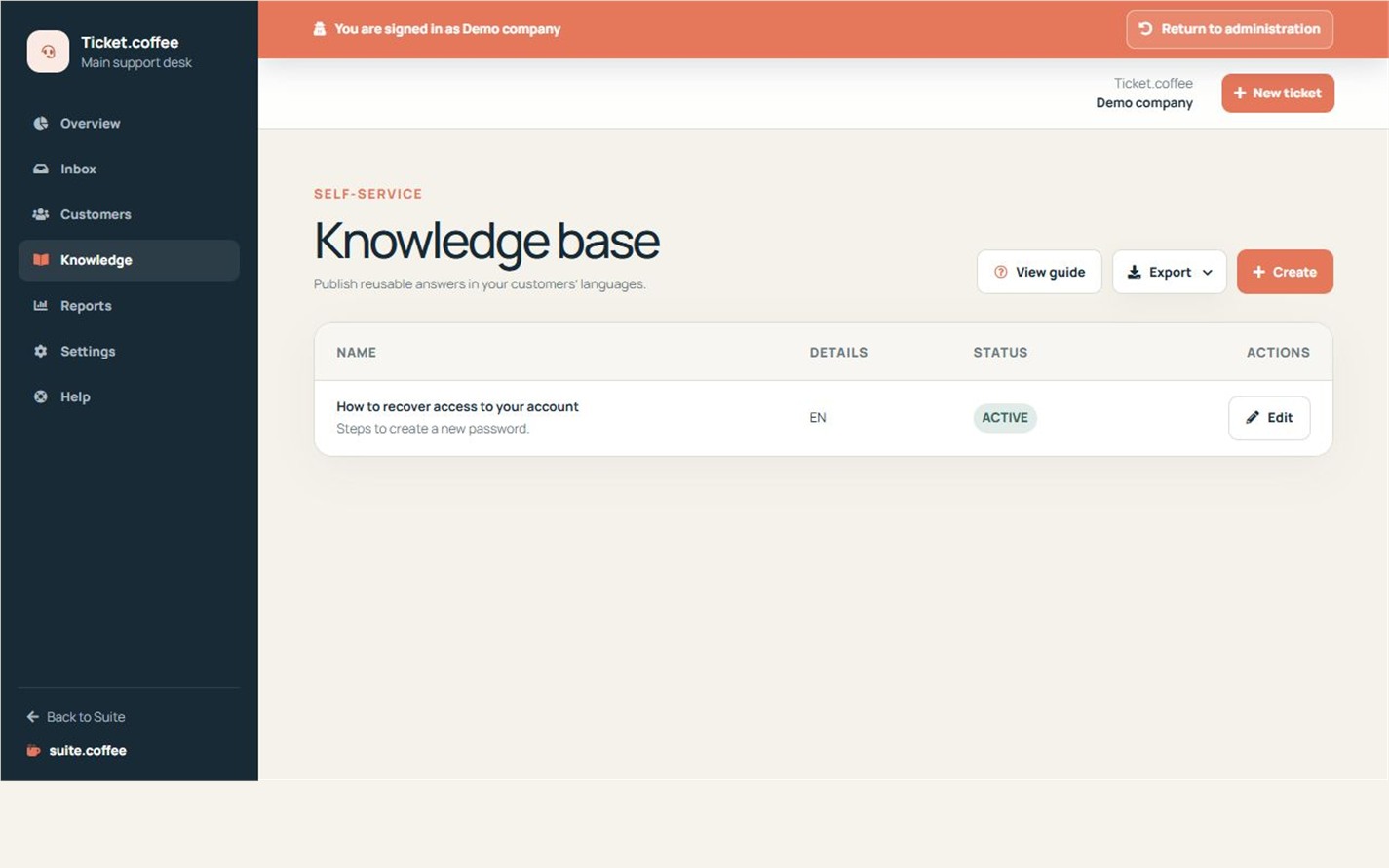 Ticket knowledge article list with audience, status and publication information.