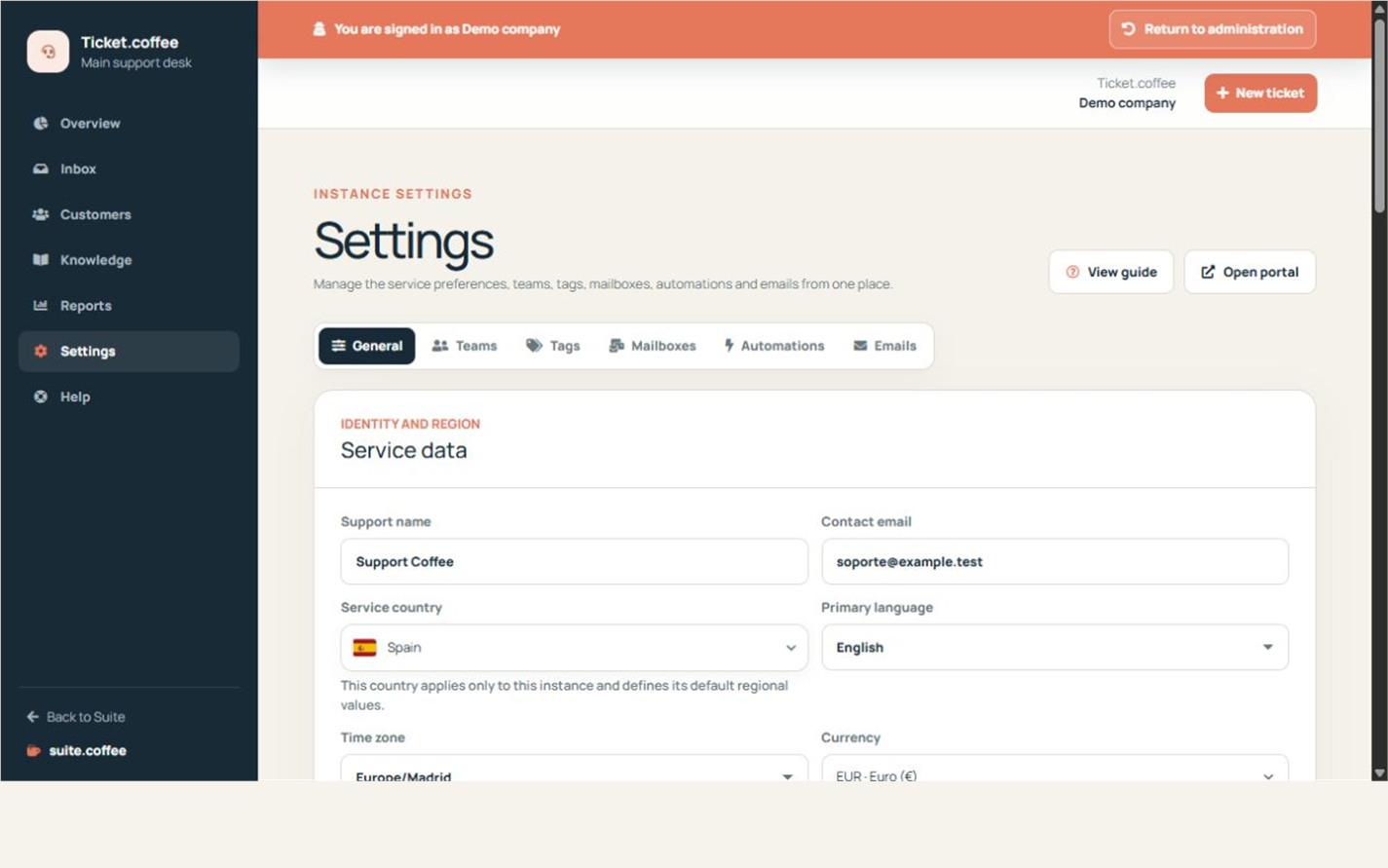 Ticket settings with support identity, public portal and customer interaction options.