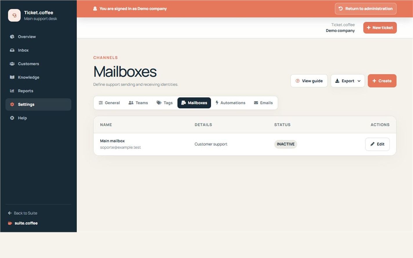 Ticket mailbox list with address, sender identity, team, status and verification.