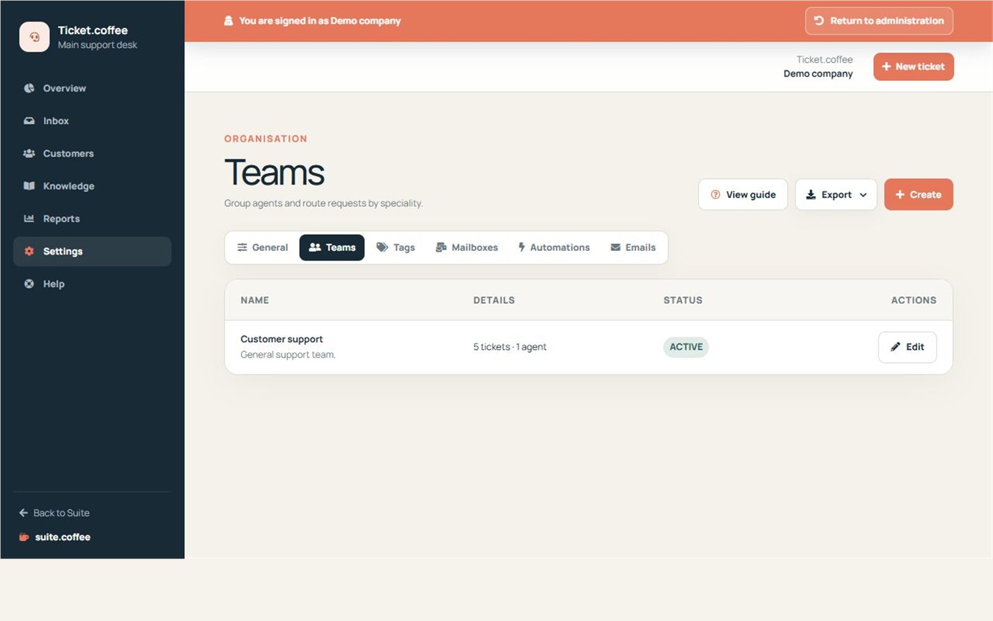 Liste des équipes de support Ticket avec agents, statut et actions d’administration.