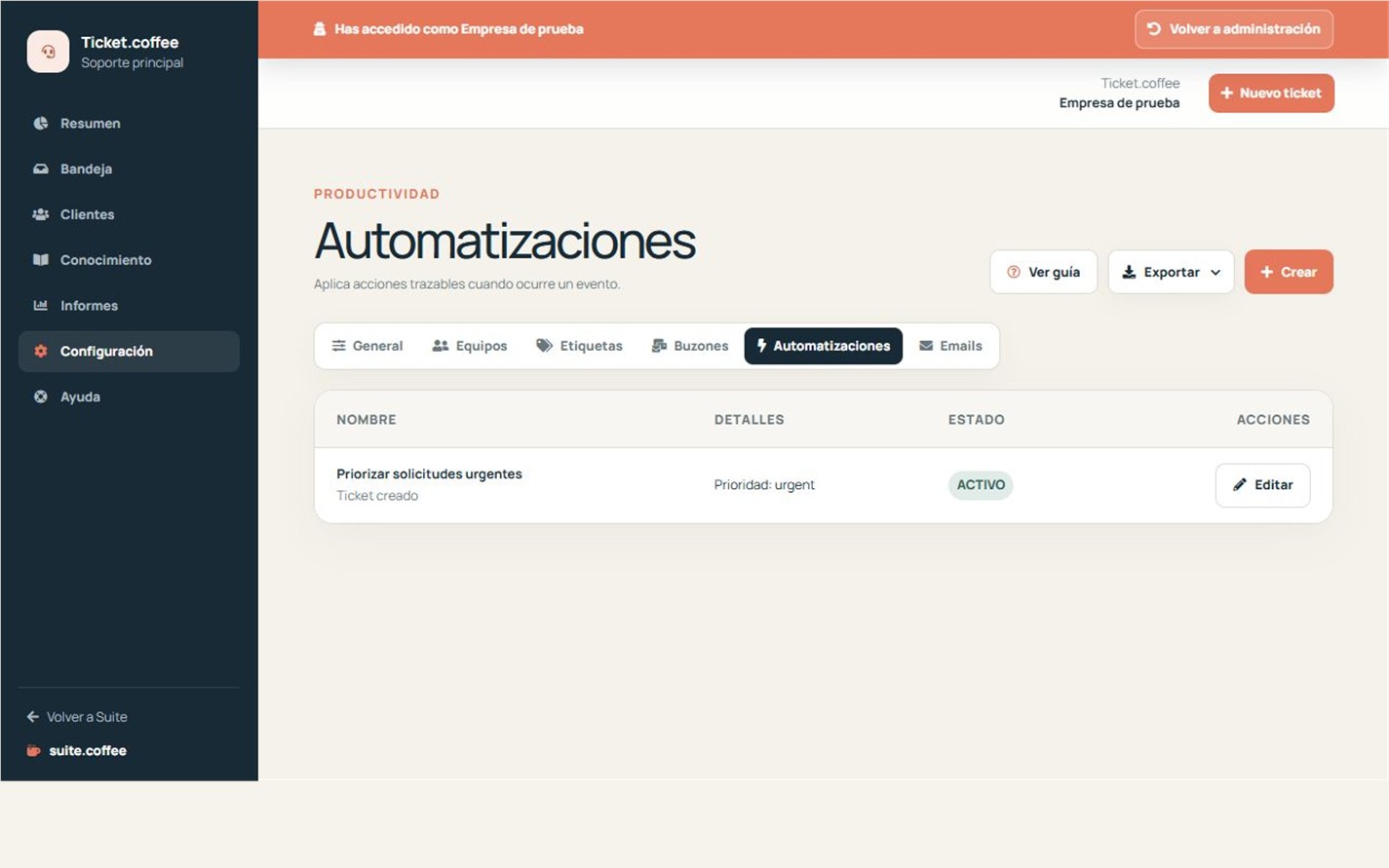 Listado de automatizaciones de Ticket con evento, condición, acción y estado.