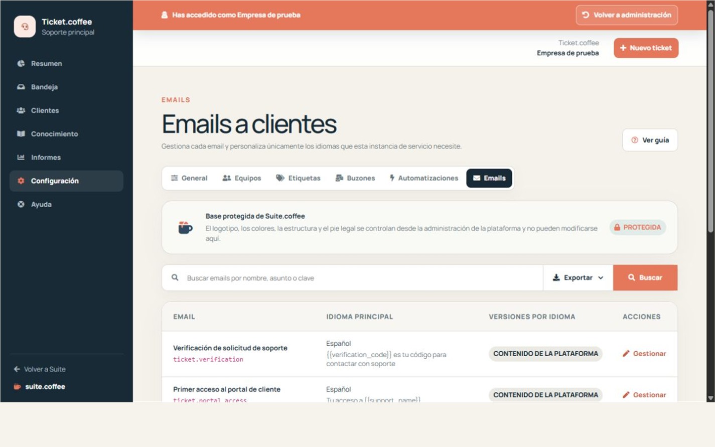 Listado de plantillas de email de Ticket con evento, idioma y personalización.