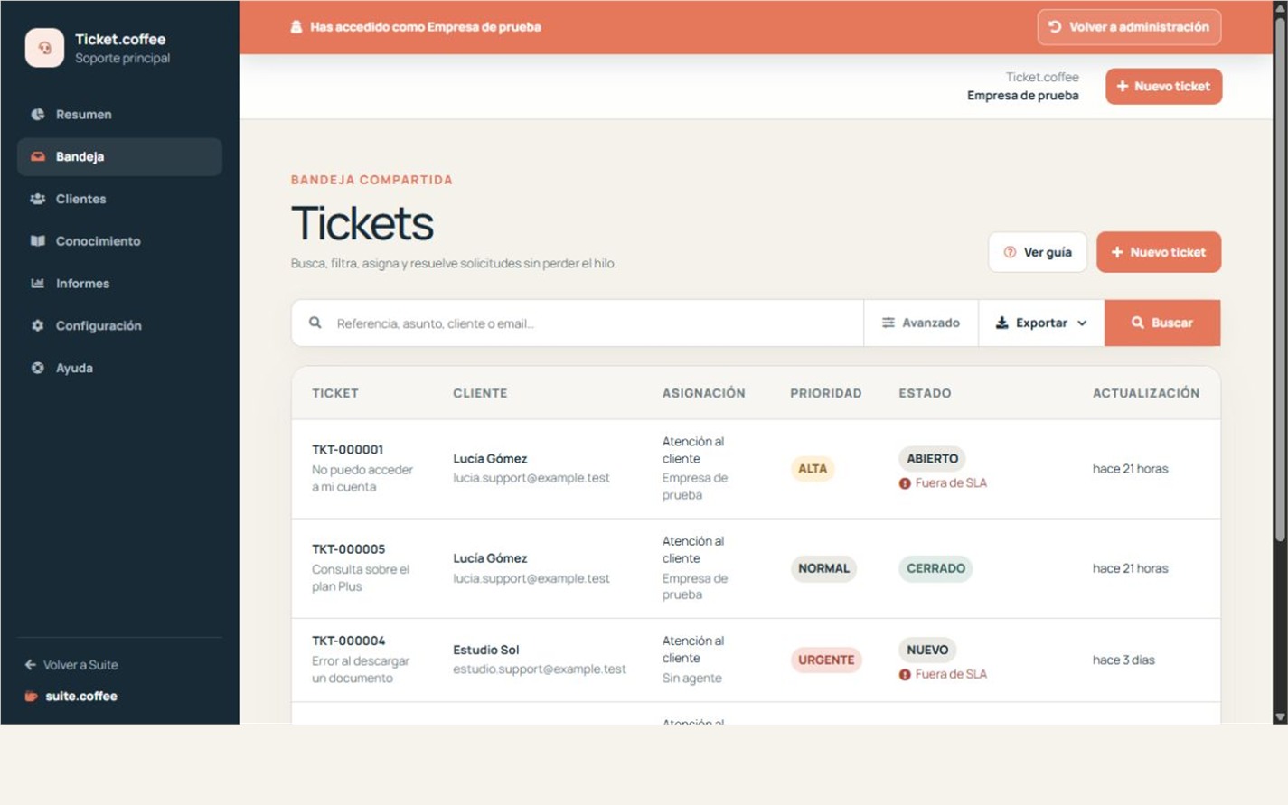 Bandeja compartida de Ticket con búsqueda, filtros, asignación, prioridad, estado y SLA.