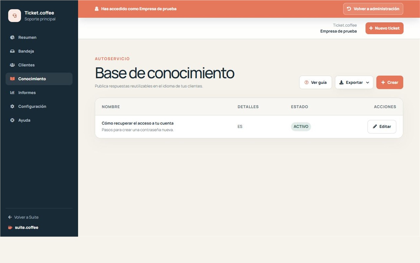 Listado de conocimiento de Ticket con audiencia, estado y publicación.