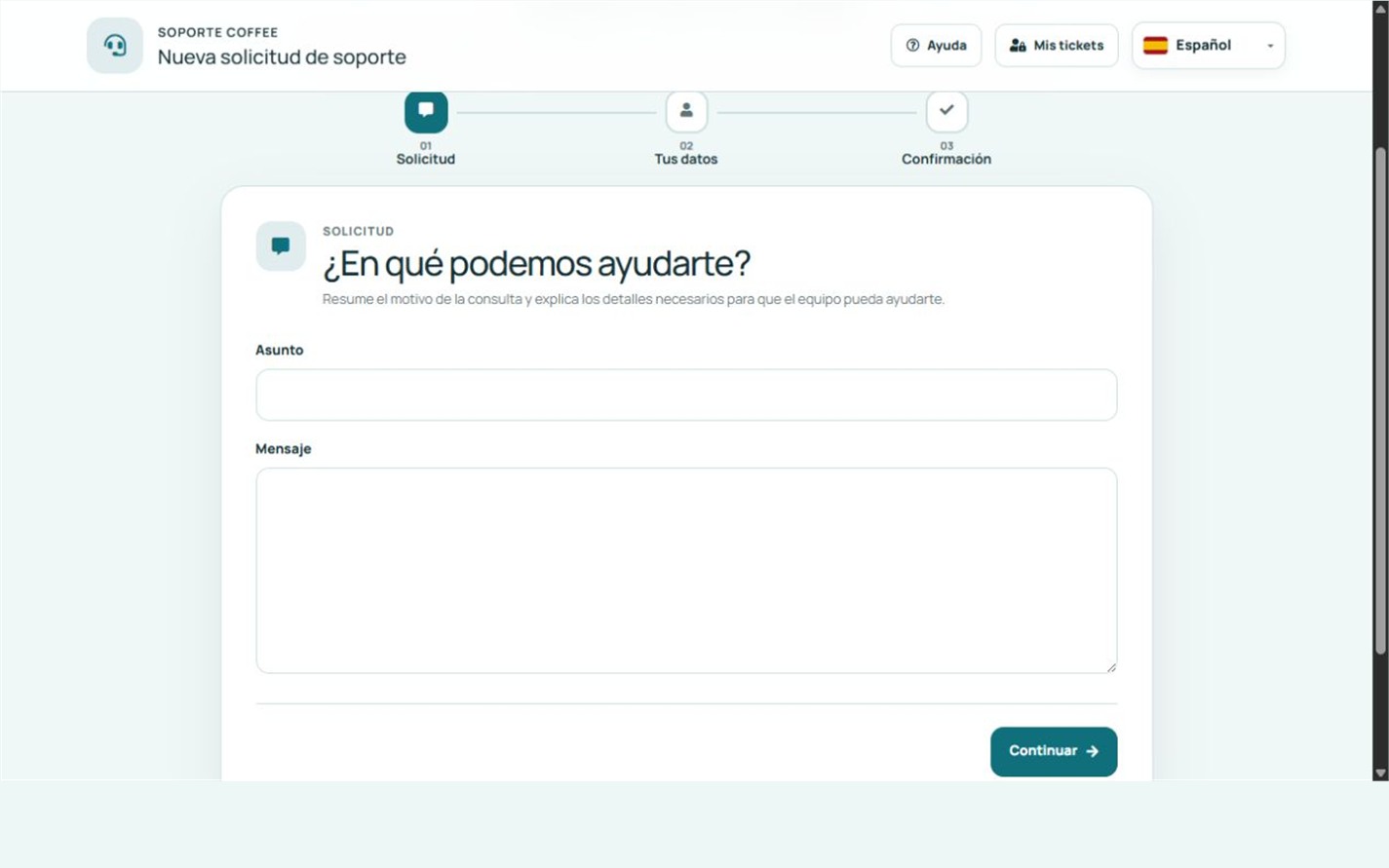 Asistente público de Ticket con verificación de email y acceso al portal privado.