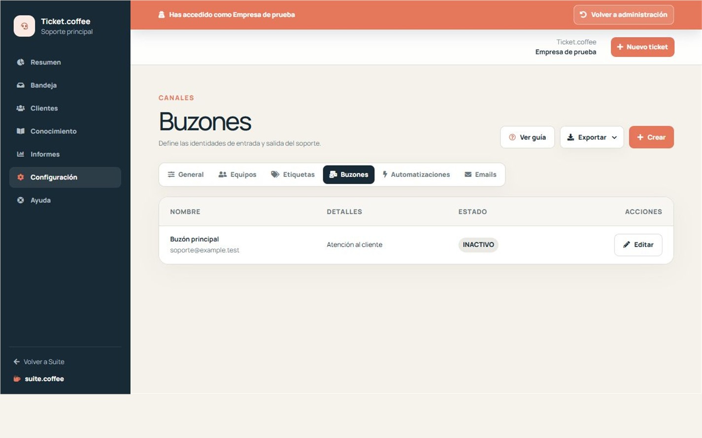 Listado de buzones de Ticket con dirección, remitente, equipo, estado y verificación.
