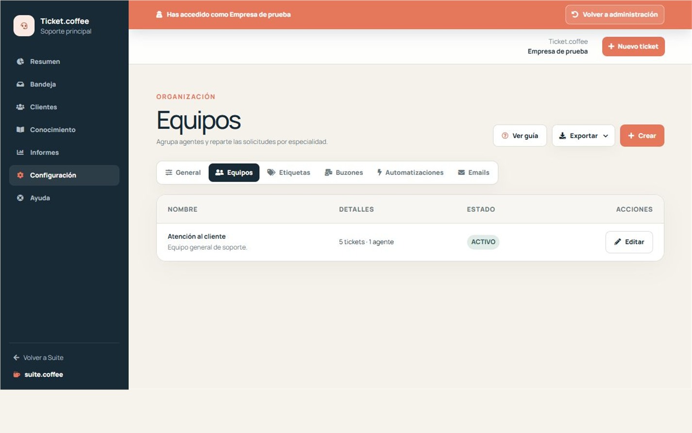 Listado de equipos de soporte de Ticket con agentes, estado y acciones.