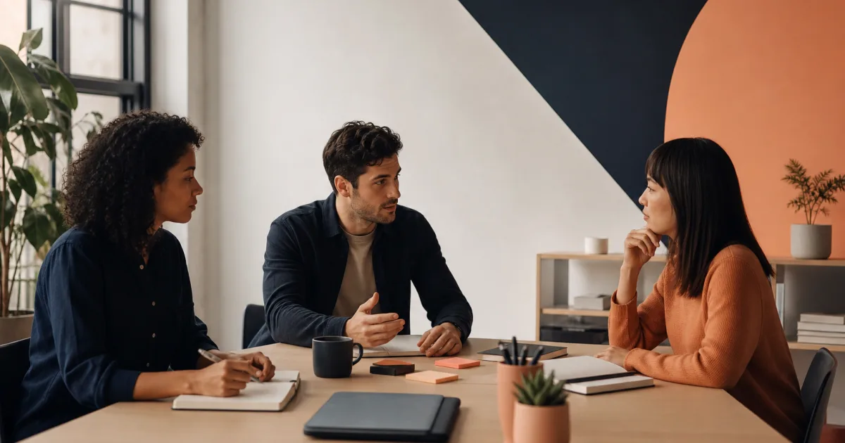 Pequeño equipo de soporte revisando juntos tickets abiertos de atención al cliente